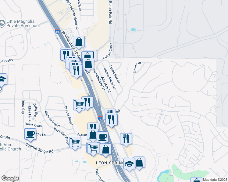 map of restaurants, bars, coffee shops, grocery stores, and more near 25015 Danna Marie Drive in San Antonio