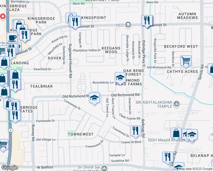 map of restaurants, bars, coffee shops, grocery stores, and more near 13823 Bonnetbriar Lane in Sugar Land