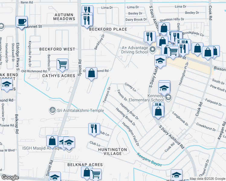 map of restaurants, bars, coffee shops, grocery stores, and more near 10423 Tenneco Drive in Houston