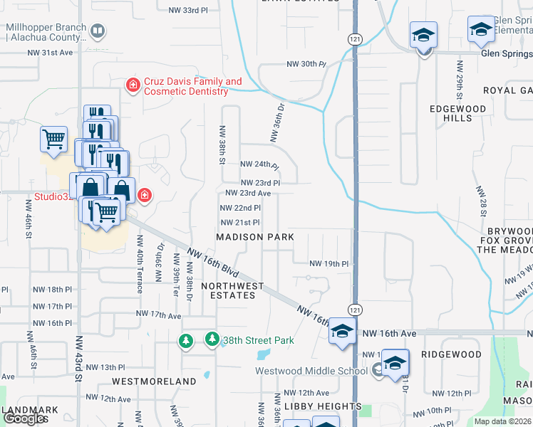map of restaurants, bars, coffee shops, grocery stores, and more near 2201 Northwest 36th Terrace in Gainesville