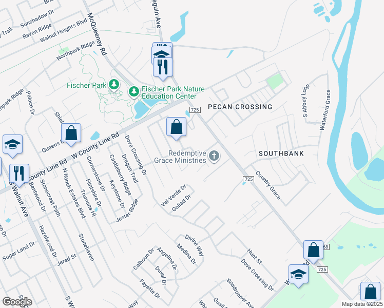 map of restaurants, bars, coffee shops, grocery stores, and more near 2122 Gladstone Place in New Braunfels