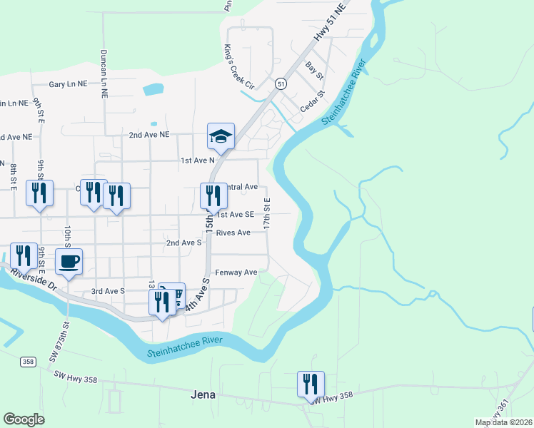 map of restaurants, bars, coffee shops, grocery stores, and more near 1611 1st Avenue North in Steinhatchee