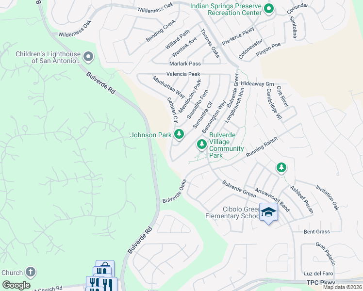 map of restaurants, bars, coffee shops, grocery stores, and more near 3510 Sumantra Cliff in San Antonio