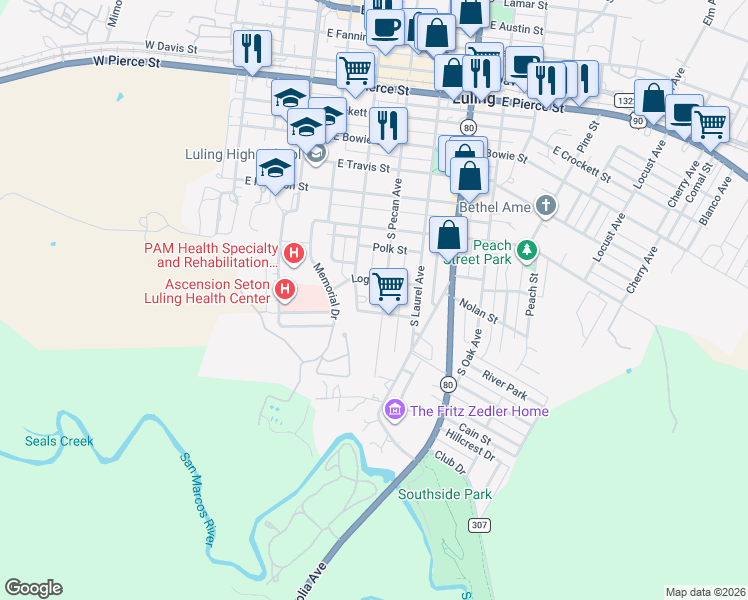 map of restaurants, bars, coffee shops, grocery stores, and more near 816 South Pecan Avenue in Luling