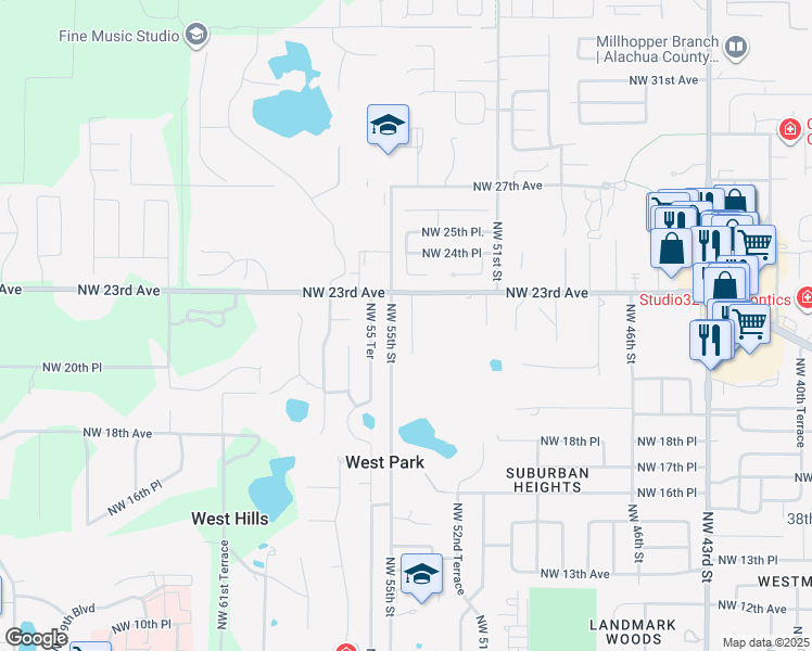 map of restaurants, bars, coffee shops, grocery stores, and more near 2130 Northwest 54th Terrace in Gainesville