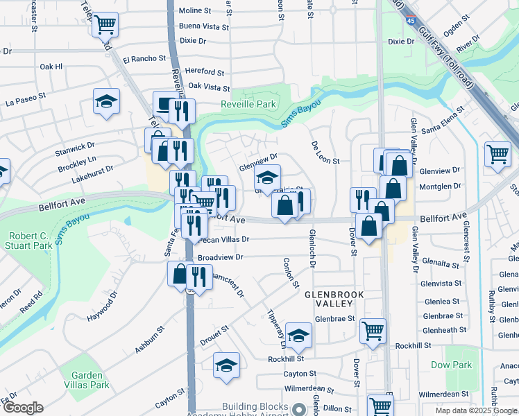 map of restaurants, bars, coffee shops, grocery stores, and more near 7633 Bellfort Avenue in Houston