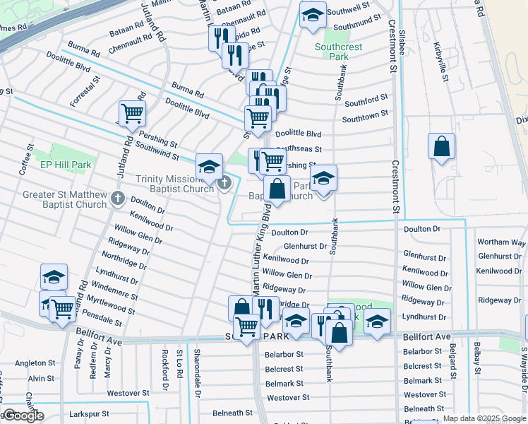 map of restaurants, bars, coffee shops, grocery stores, and more near 7600 Martin Luther King Boulevard in Houston