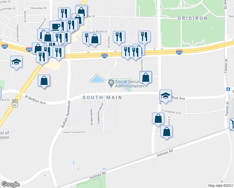 map of restaurants, bars, coffee shops, grocery stores, and more near 2575 West Bellfort Street in Houston