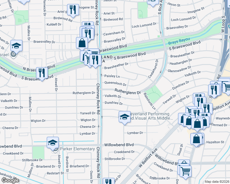 map of restaurants, bars, coffee shops, grocery stores, and more near 5331 Rutherglenn Drive in Houston