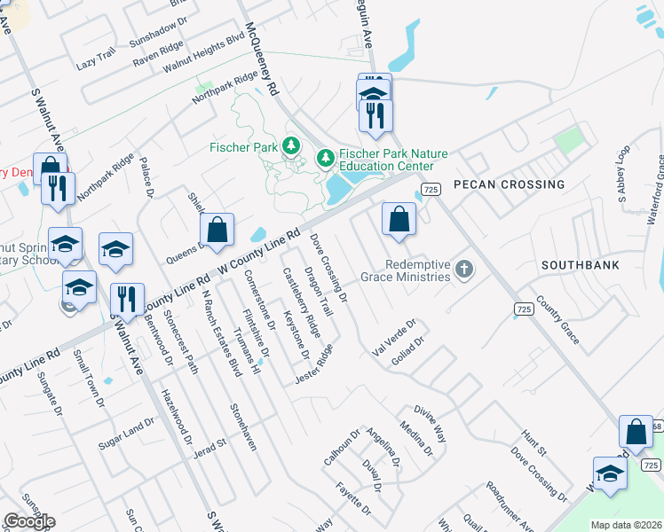 map of restaurants, bars, coffee shops, grocery stores, and more near 2045 Dove Crossing Drive in New Braunfels