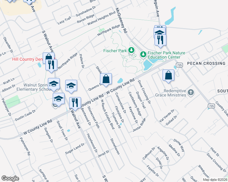 map of restaurants, bars, coffee shops, grocery stores, and more near 2010 Cornerstone Drive in New Braunfels