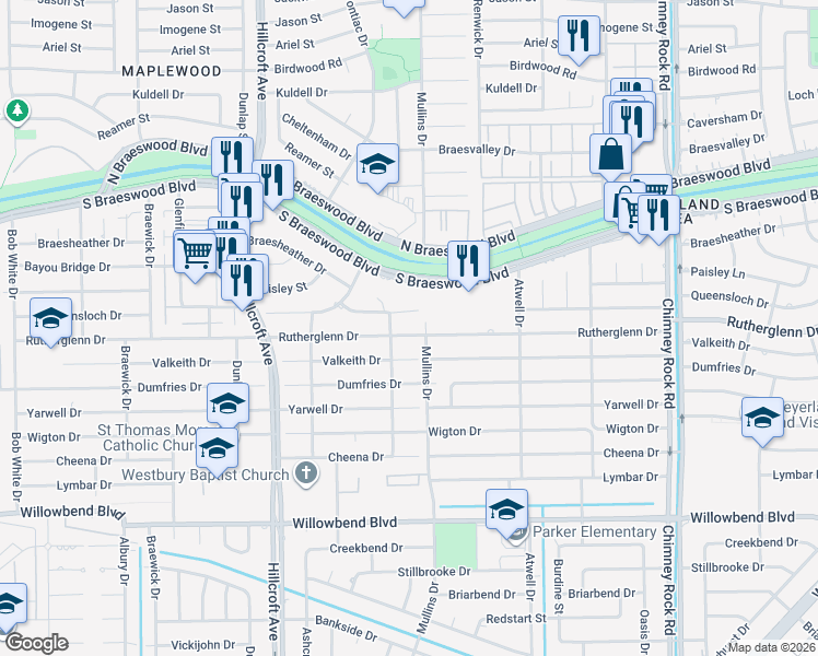 map of restaurants, bars, coffee shops, grocery stores, and more near 5710 Rutherglenn Drive in Houston