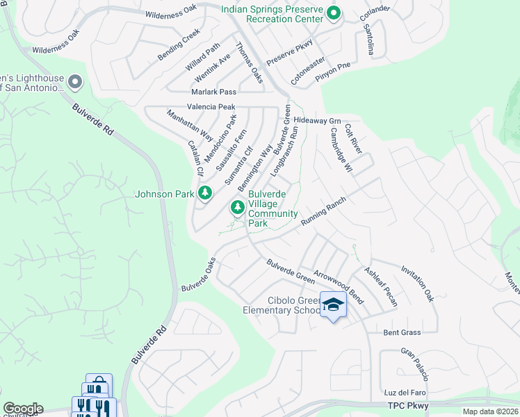 map of restaurants, bars, coffee shops, grocery stores, and more near 25022 Longbranch Run in San Antonio