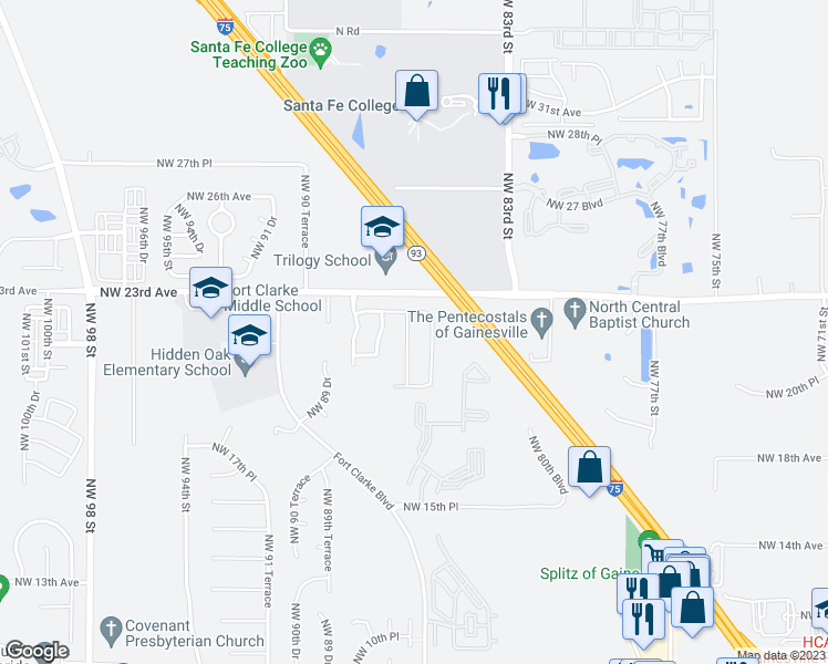 map of restaurants, bars, coffee shops, grocery stores, and more near 2127 Northwest 86 Terrace in Gainesville