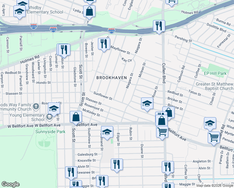 map of restaurants, bars, coffee shops, grocery stores, and more near 1217 Vera Lou Street in Houston