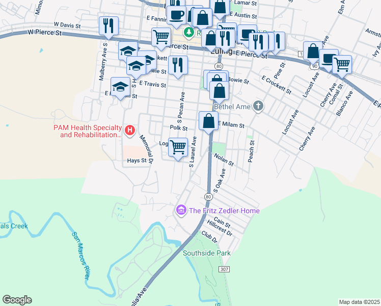 map of restaurants, bars, coffee shops, grocery stores, and more near 812 South Laurel Avenue in Luling