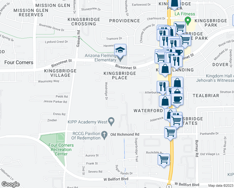 map of restaurants, bars, coffee shops, grocery stores, and more near 14803 Stocklin Court in Sugar Land