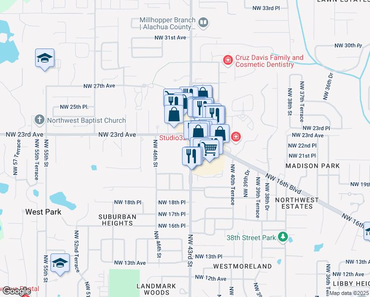 map of restaurants, bars, coffee shops, grocery stores, and more near 2172-2184 Northwest 43rd Street in Gainesville
