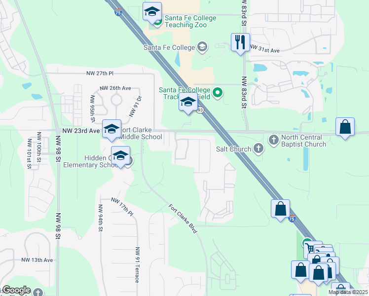 map of restaurants, bars, coffee shops, grocery stores, and more near 2146 Northwest 87 Terrace in Gainesville