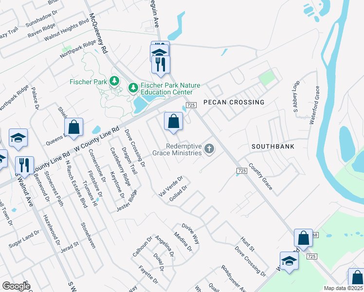 map of restaurants, bars, coffee shops, grocery stores, and more near 2122 Gladstone Place in New Braunfels