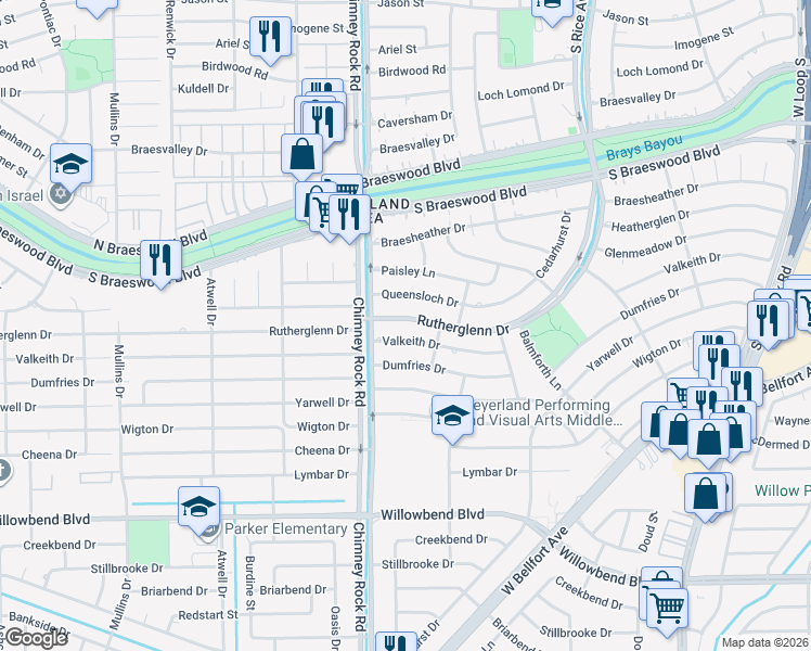 map of restaurants, bars, coffee shops, grocery stores, and more near 5331 Rutherglenn Drive in Houston