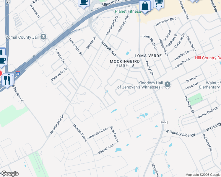 map of restaurants, bars, coffee shops, grocery stores, and more near 307 Snow Goose in New Braunfels