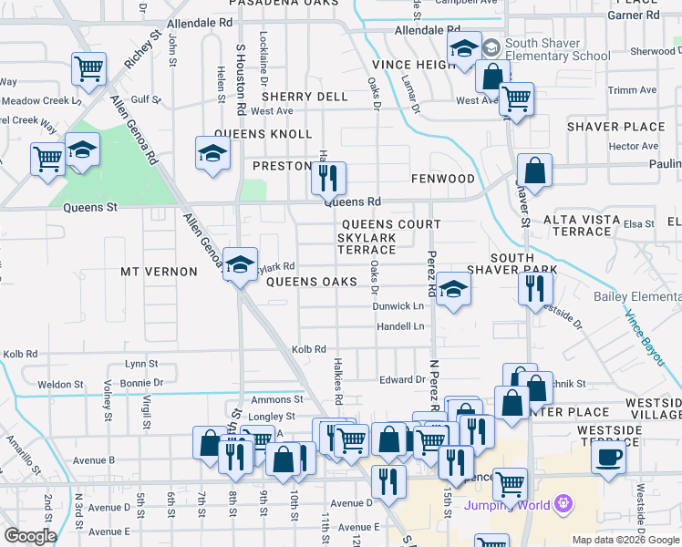 map of restaurants, bars, coffee shops, grocery stores, and more near 715 Skylark Road in Pasadena