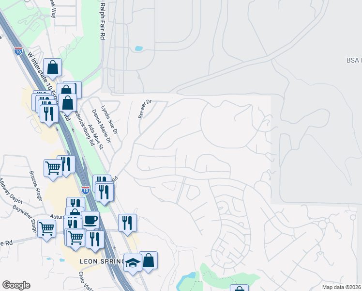 map of restaurants, bars, coffee shops, grocery stores, and more near 24722 Staffordshire in San Antonio