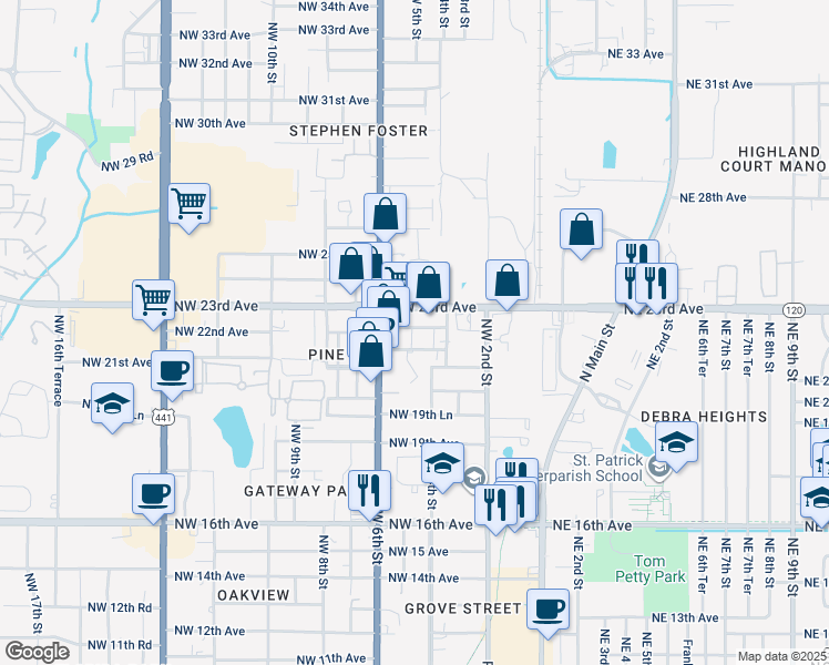map of restaurants, bars, coffee shops, grocery stores, and more near 409 Northwest 21st Lane in Gainesville