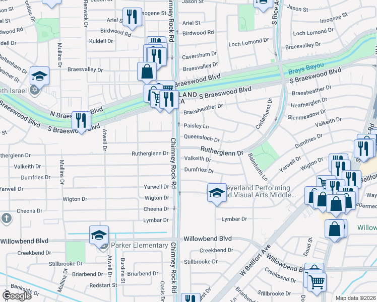 map of restaurants, bars, coffee shops, grocery stores, and more near 5331 Rutherglenn Drive in Houston