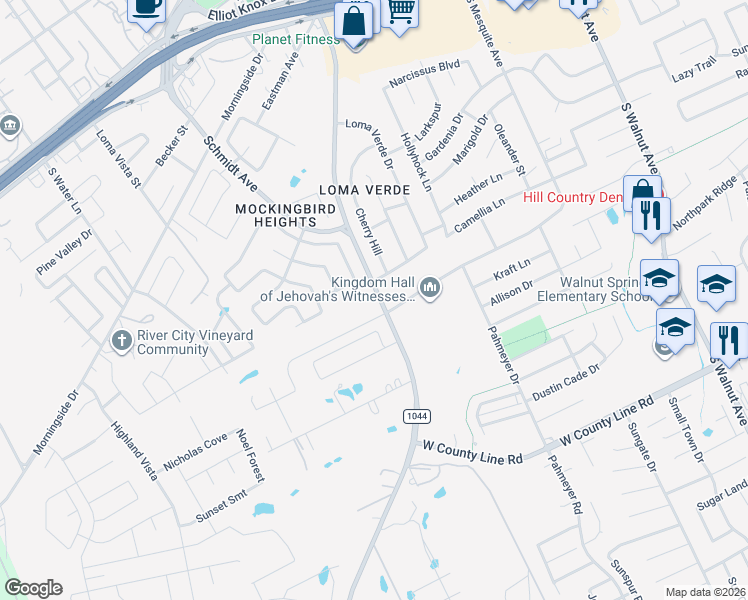 map of restaurants, bars, coffee shops, grocery stores, and more near 1910 Reserve Way in New Braunfels