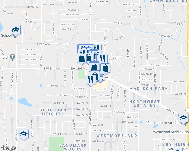 map of restaurants, bars, coffee shops, grocery stores, and more near 2172-2184 Northwest 43rd Street in Gainesville
