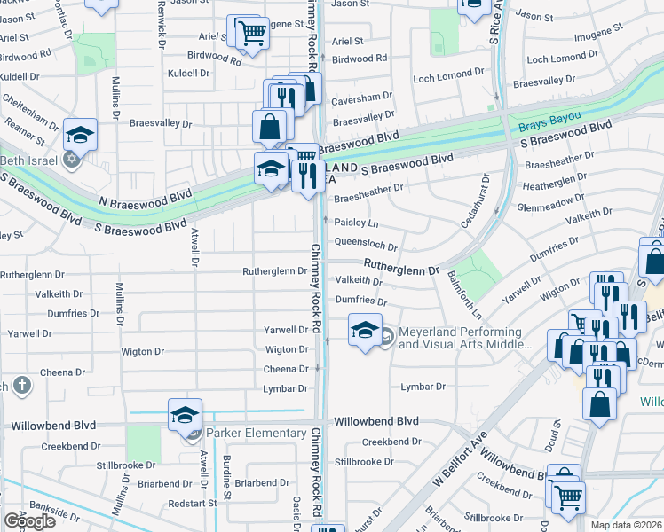map of restaurants, bars, coffee shops, grocery stores, and more near 245 Chimney Rock Road in Houston