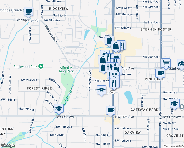 map of restaurants, bars, coffee shops, grocery stores, and more near 2221 Northwest 16th Terrace in Gainesville