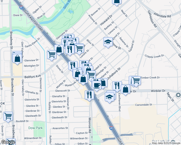 map of restaurants, bars, coffee shops, grocery stores, and more near 8449 Gulf Freeway in Houston
