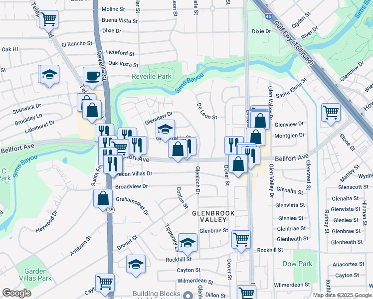 map of restaurants, bars, coffee shops, grocery stores, and more near 7655 Bellfort Avenue in Houston