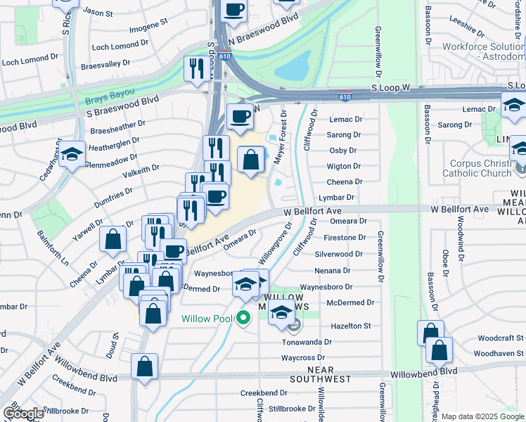 map of restaurants, bars, coffee shops, grocery stores, and more near in Houston