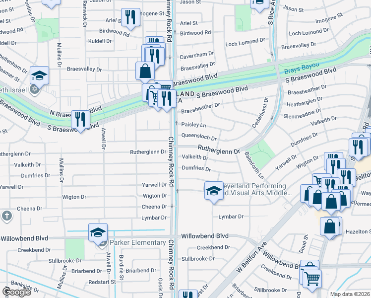 map of restaurants, bars, coffee shops, grocery stores, and more near 5331 Rutherglenn Drive in Houston