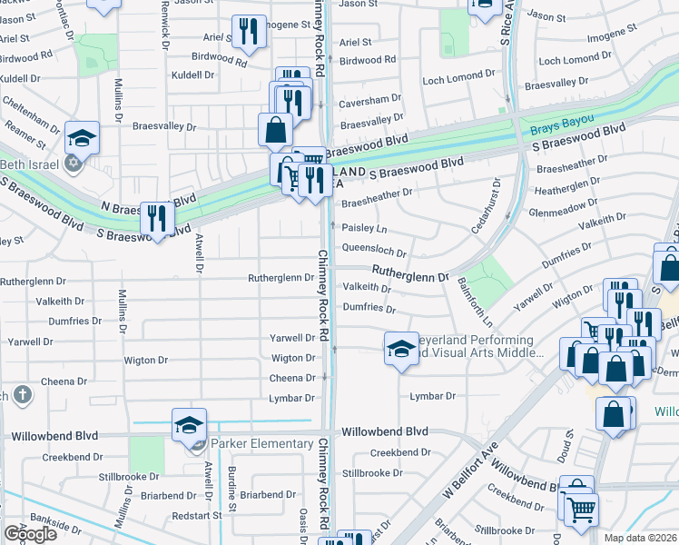 map of restaurants, bars, coffee shops, grocery stores, and more near 245 Chimney Rock Road in Houston