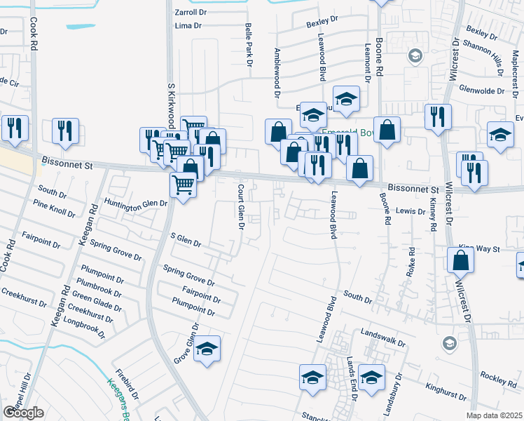 map of restaurants, bars, coffee shops, grocery stores, and more near 11555 Bissonnet Street in Houston