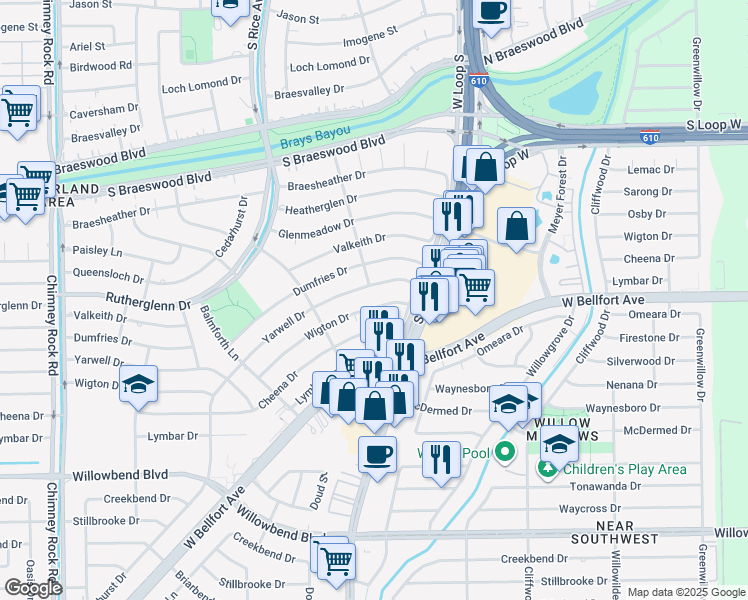 map of restaurants, bars, coffee shops, grocery stores, and more near 4922 Wigton Drive in Houston