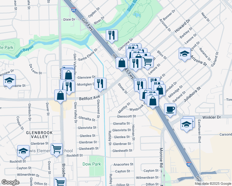 map of restaurants, bars, coffee shops, grocery stores, and more near 7950 Bellfort Street in Houston