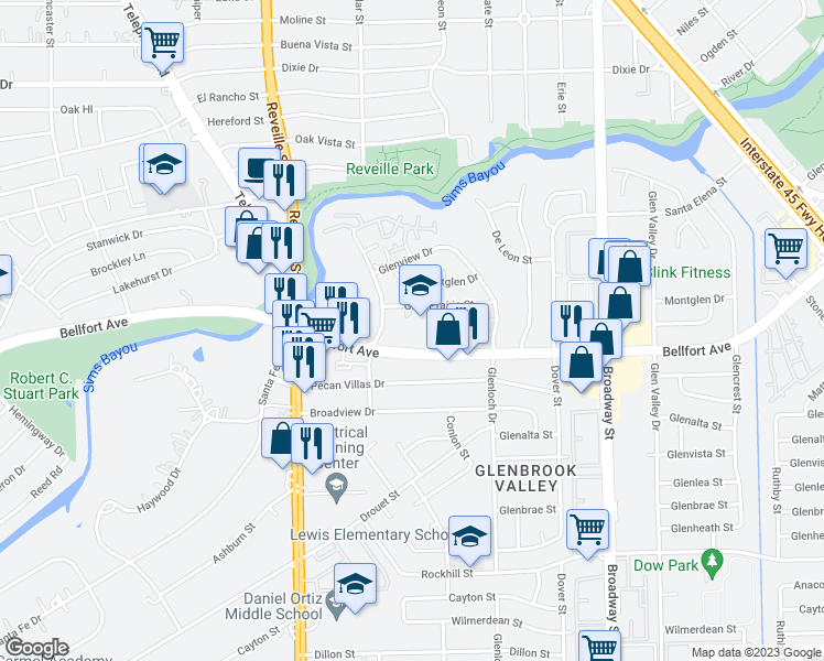 map of restaurants, bars, coffee shops, grocery stores, and more near 7633 Bellfort Avenue in Houston