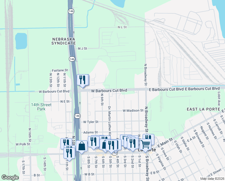 map of restaurants, bars, coffee shops, grocery stores, and more near 453 West Barbours Cut Boulevard in La Porte
