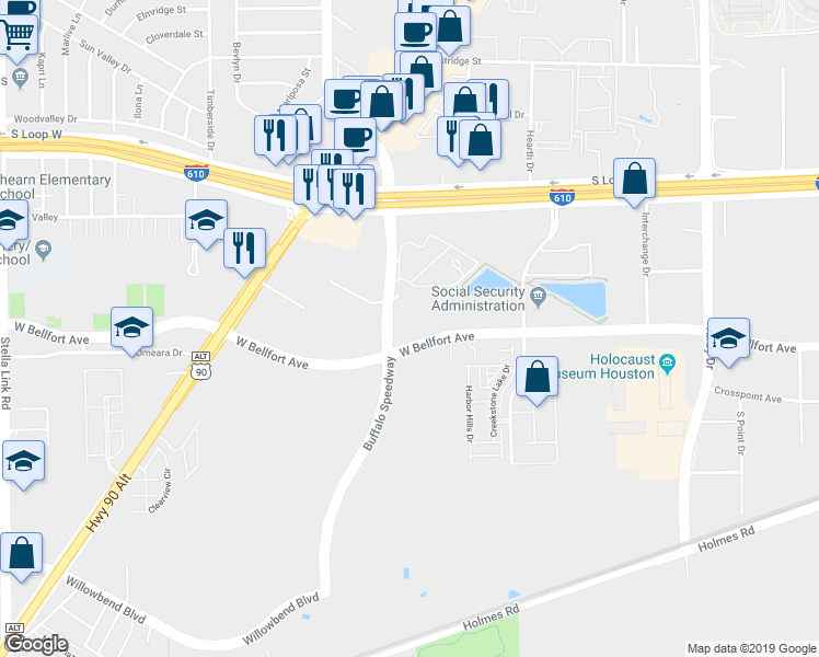 map of restaurants, bars, coffee shops, grocery stores, and more near 2 West Bellfort Boulevard in Houston