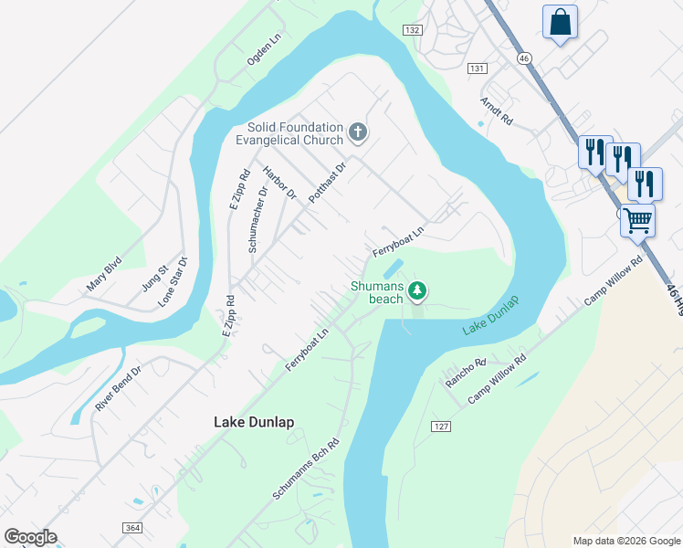 map of restaurants, bars, coffee shops, grocery stores, and more near 121 Jacks Lane in New Braunfels