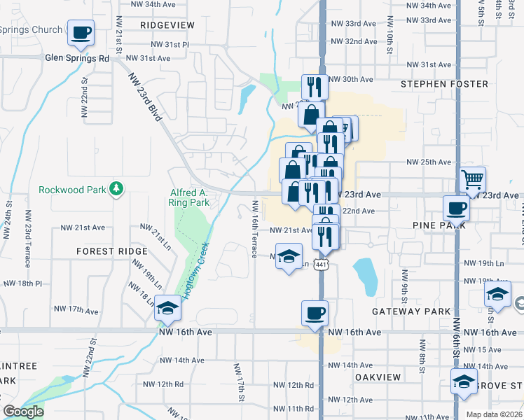 map of restaurants, bars, coffee shops, grocery stores, and more near 2221 Northwest 16th Terrace in Gainesville