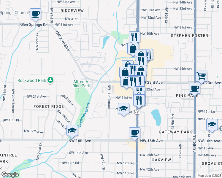 map of restaurants, bars, coffee shops, grocery stores, and more near 2221 Northwest 16th Terrace in Gainesville