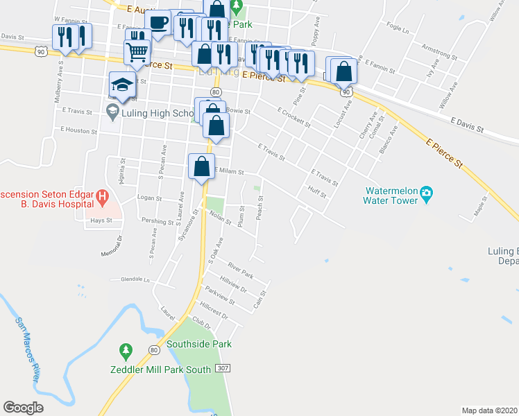 map of restaurants, bars, coffee shops, grocery stores, and more near 99 Peach Street in Luling