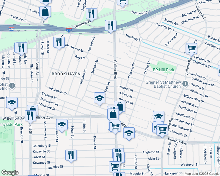 map of restaurants, bars, coffee shops, grocery stores, and more near 4614 Redbud Street in Houston